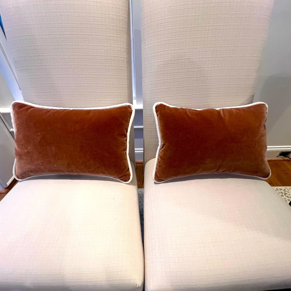 Manuel Canovas designer custom made dusty rose velvet lumbar pillows